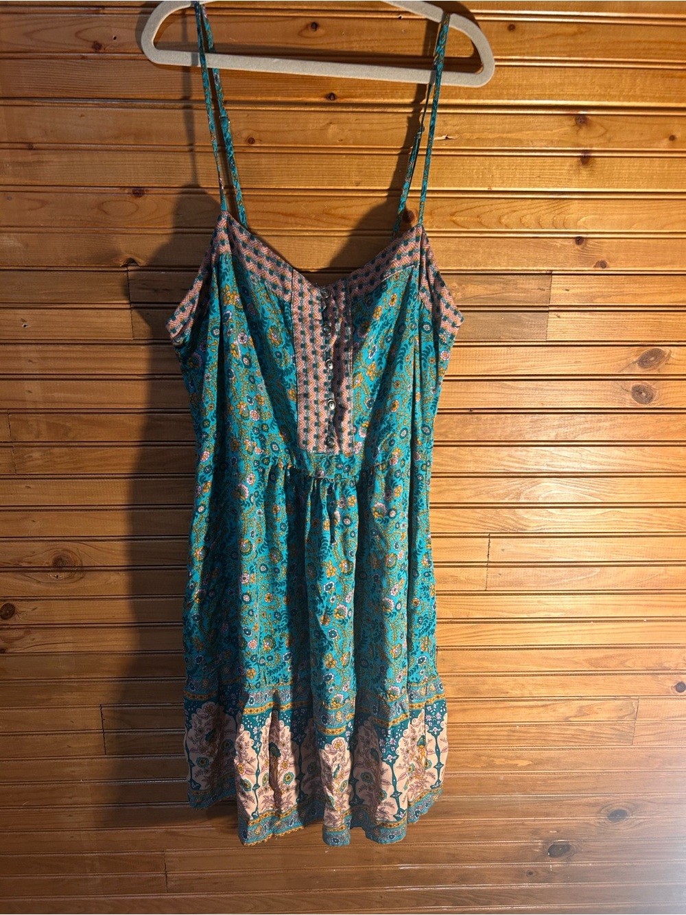Umgee Teal and Cream Floral Spaghetti Strap Mini Dress